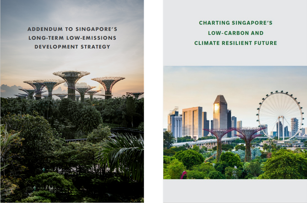 Two Singapore climate strategy document covers showing Supertree Grove, city skyline, and a Ferris wheel.